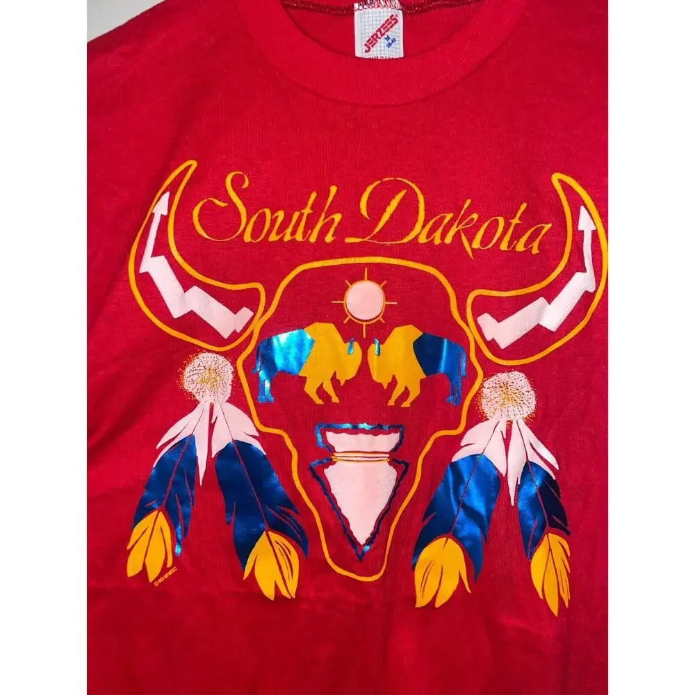Vintage South Dakota Shirt Native American Buffalo Jerzees Red Tee 90s VTG M